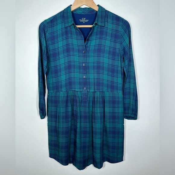 VINEYARD Vines Girl's Hudson Blue and Green Plaid Shirtdress Size 14 - Picture 3 of 8